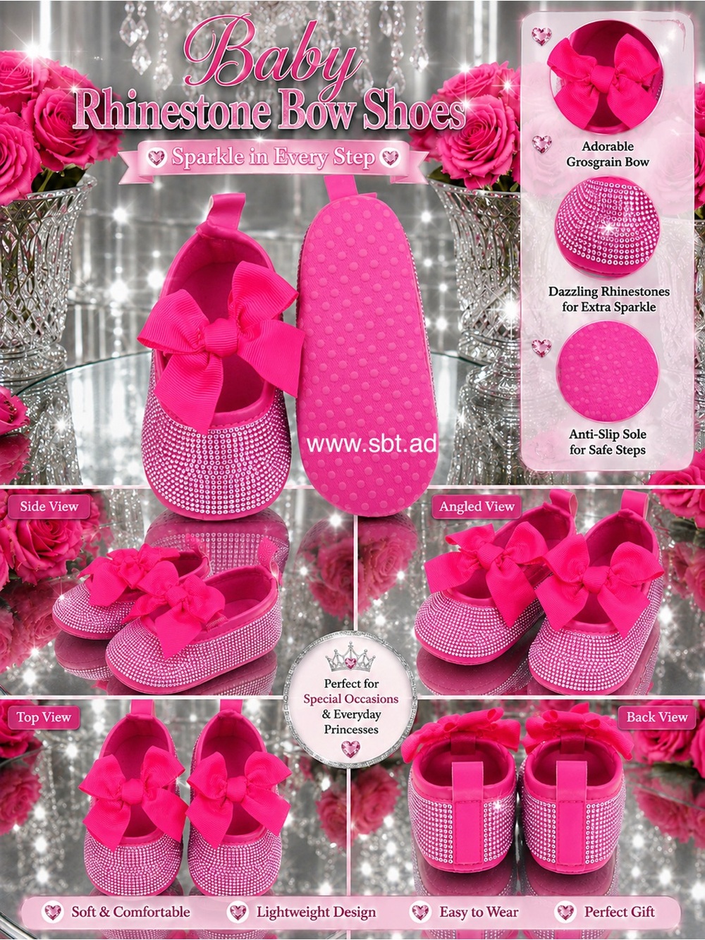 NWT Cute Baby Girl Shoes Sparkling Bling Swarovski Rhinestone Mary Jane Flats - Picture 4 of 15